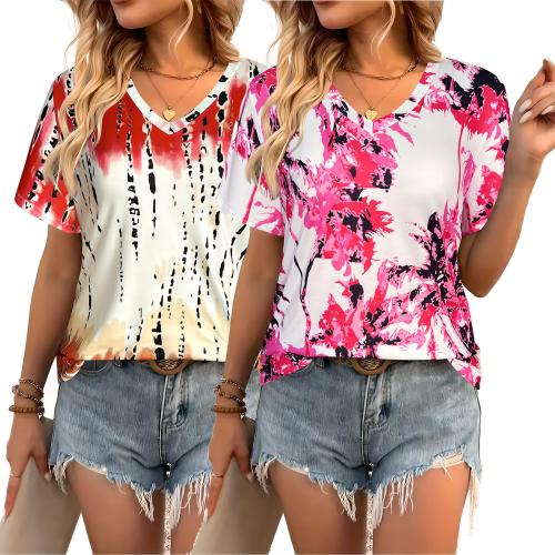 Polyester Women Short Sleeve T-Shirts slimming & two piece printed Set