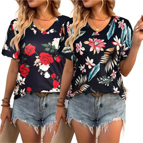 Polyester Women Short Sleeve T-Shirts slimming & two piece printed Set