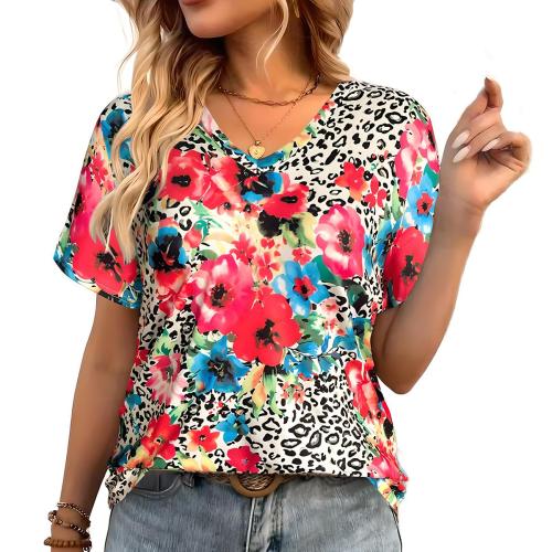 Polyester T-shirts femmes à manches courtes Imprimé Floral couleurs mixtes pièce