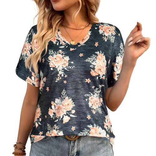 Polyester Frauen Kurzarm T-Shirts, Gedruckt, Floral, gemischte Farben,  Stück