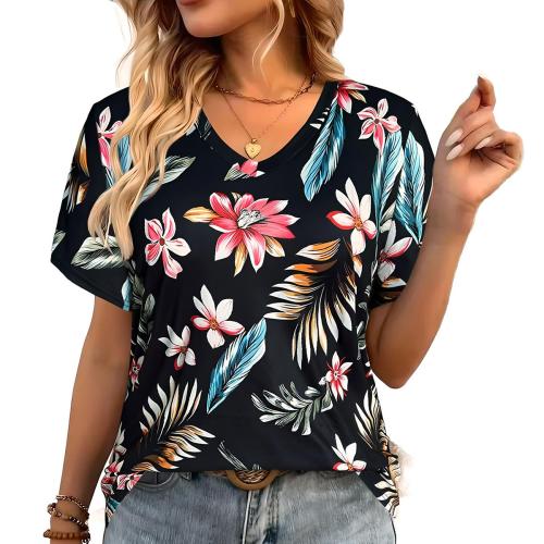 Polyester Plus Size Women Short Sleeve T-Shirts printed floral mixed colors PC