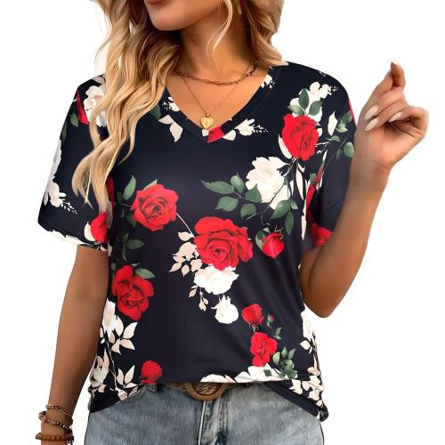 Polyester Frauen Kurzarm T-Shirts, Gedruckt, Floral, gemischte Farben,  Stück