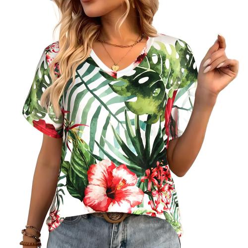 Polyester Plus Size Women Short Sleeve T-Shirts printed leaf pattern mixed colors PC