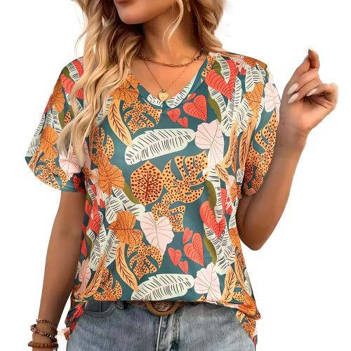 Polyester Plus Size Women Short Sleeve T-Shirts printed leaf pattern mixed colors PC