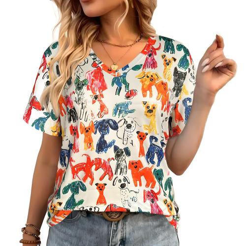 Polyester Plus Size Women Short Sleeve T-Shirts printed Cartoon mixed colors PC