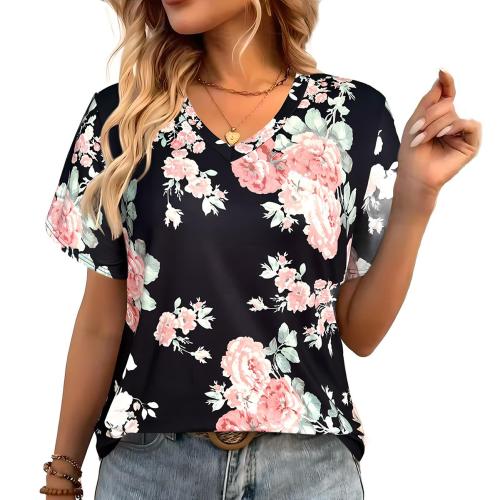 Poliéster Mujeres Camisetas de manga corta, impreso, floral, colores mezclados,  trozo