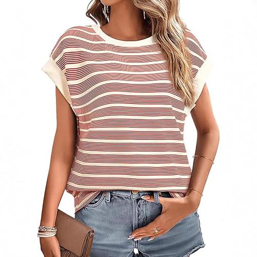 Women's Short Sleeve Top Casual Crewneck Striped Knitted T-shirt