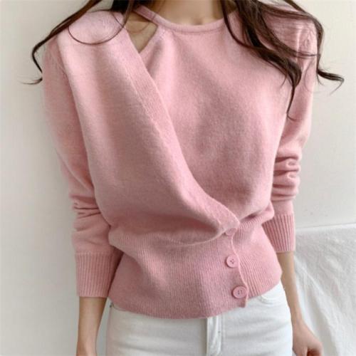 Gentle and Elegant Tight Waist Knitted Sweater New Women's Off-shoulder Fake Two-piece Solid Color Pullover