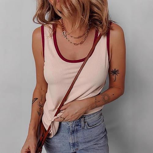 Women's Vest Collar Rib Colorblock Casual Summer Top Loose Basic Sleeveless Shirt