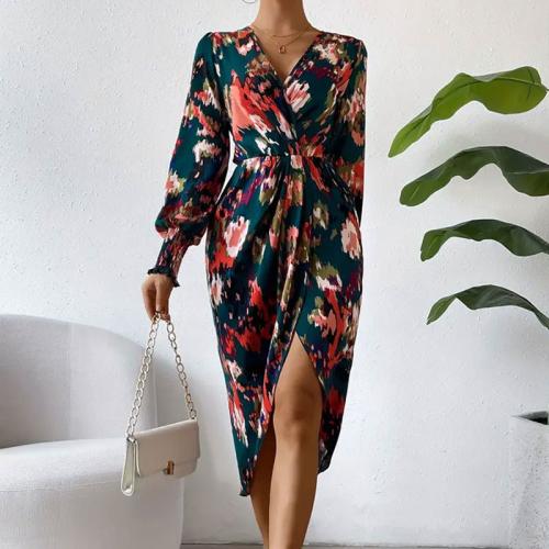 New dress long sleeve elegant sheath dress lantern sleeve tight waist cross collar slim dress