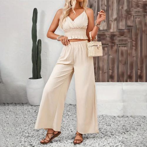 Jacquard Stripe Sling Strap Straight Tube Slits Casual Pants Summer Women's Two-piece Set