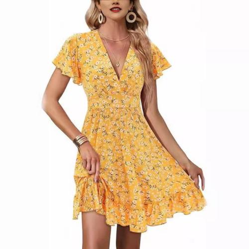 Women's Summer One-piece Dress Floral V-neck Pleated A-line Dress