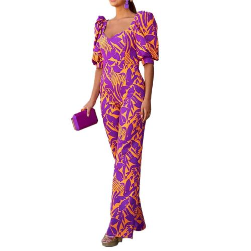 Women's Casual Fashion Printed V-Neck Lantern Sleeve Long Jumpsuit