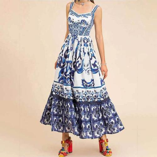 Women's Printed Sleeveless Pleated Waist Ruffled dress Slip Dress