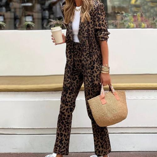 Women's Leopard Print Long Sleeve Top High Waist suit Pants