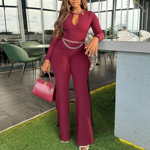 Spring new elegant hollow long sleeve slim high waist wide leg trousers jumpsuit