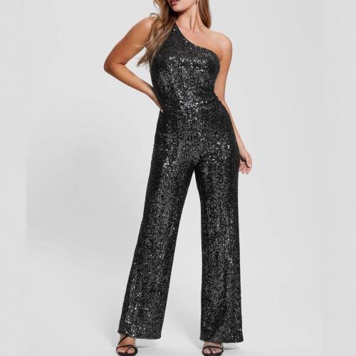 Women's High-end Sleeveless Slim-fit Belt Jumpsuit One-shoulder Sequin Pleated Jumpsuit