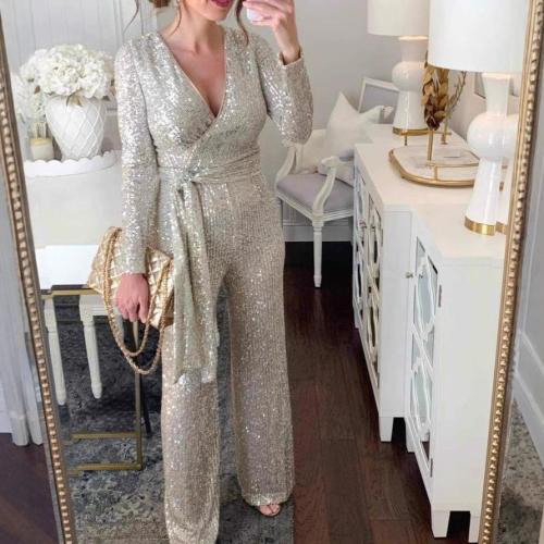 New color fashion V-neck long sleeve shiny crystal beads waist jumpsuit