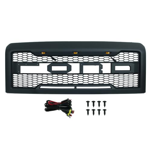 Front Upper Grille Grill for 2008-2013 Ford E150 E250 E350 W/ LED Gloss Black