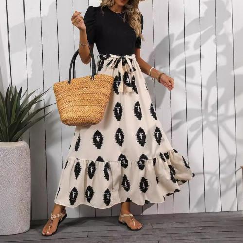 New elegant women's geometric printing round neck bubble sleeve ruffled dress