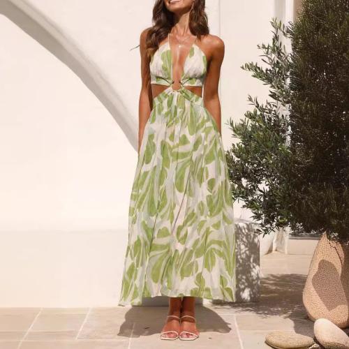 New women's V-neck backless lace-up printed large swing long dress