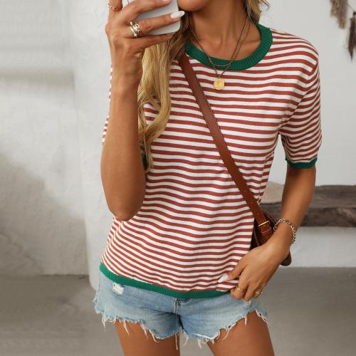 Women's Crewneck Stripe Contrast Color Short Sleeve Casual Sweater