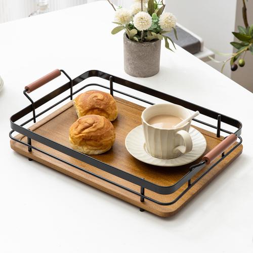 Metal Handle Bamboo Tray Household Rectangular Simple Bread Tray