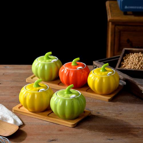 Household ceramic jar three-color pumpkin seasoning jar suit