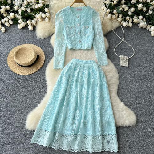 Polyester High Waist Two-Piece Dress Set slimming embroidered floral Set