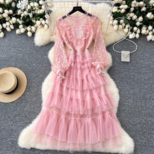 Polyester Layered & High Waist One-piece Dress slimming embroidered shivering pink PC