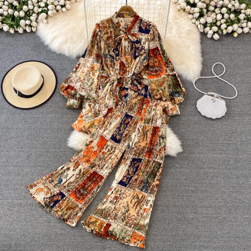 Polyester High Waist Women Casual Set loose Long Trousers & coat printed : Set