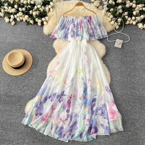 Holiday style off-shoulder ruffled print dress waist slimming chiffon long dress