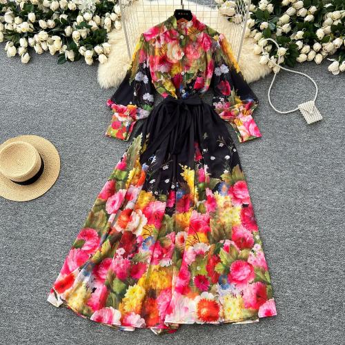 Spring elegant lace-up waist lantern sleeve printed chiffon top and high waist skirt