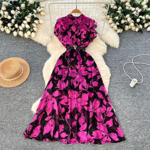 French style elegant fly sleeve strap waist floral slim dress