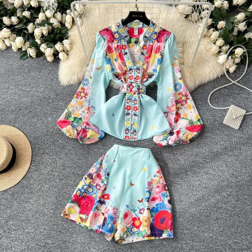 Tight Waist Lantern Sleeve V-Neck Printed Long Sleeve Shirt with High Waist Wide Leg Shorts