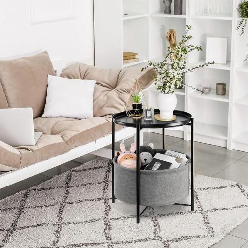 Round Side Table with Fabric Storage Basket  Detachable Tray