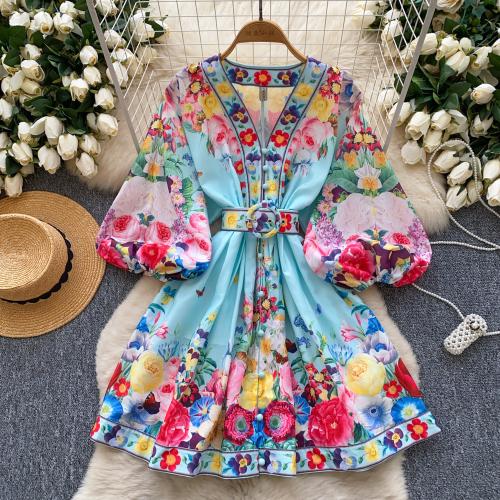 Fashion V-neck Lantern Sleeve Printed dress Women's Spring Slimming Dress