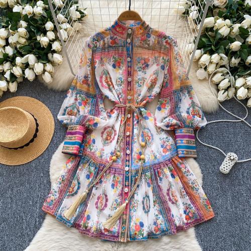 Retro Style Lantern Sleeve Tight Waist Fashion Printed dress