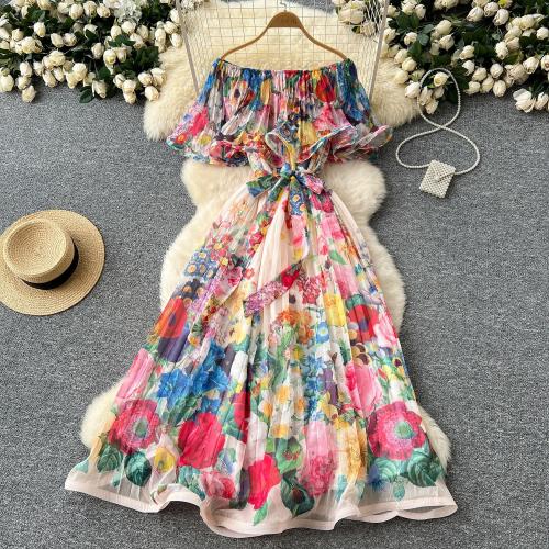 Vacation Style off-shoulder Ruffled Printed dress Women's Spring Chiffon Long Dress