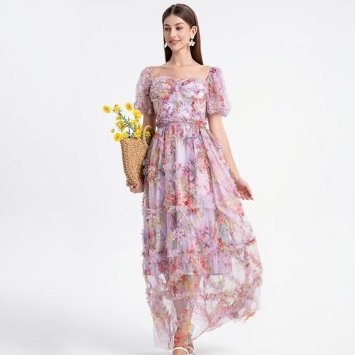 French Style Light Luxury  Mesh Printed Stitching Ruffled Waist Slimming Mid-length Puffy Dress