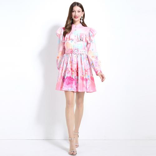 Vintage Lantern Sleeve Printed dress Women's New Ruffled Waist Slimming Chiffon Dress