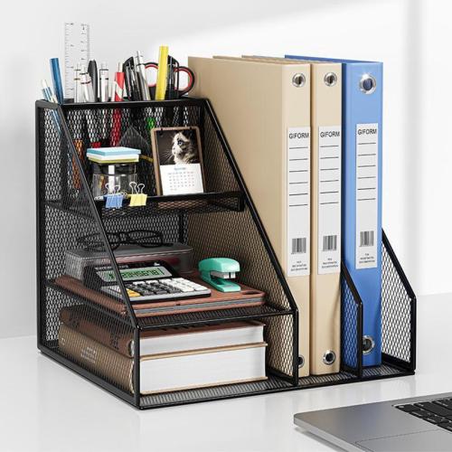 Metal Vertical File Rack Office Desk Storage Rack with Pen Holder Desktop Data File Storage