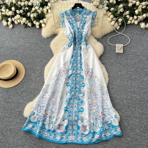 Vintage Printed V-Neck Single-breasted Elegant Style Spring Dress