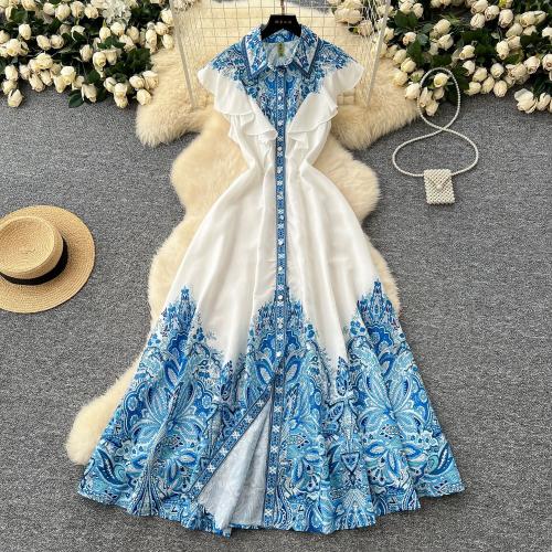 Fashion Printed Ruffled Stitching Lapel Sleeveless Spring Dress