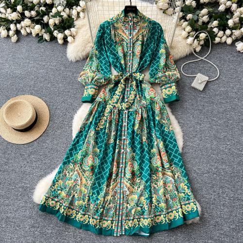 Retro Printed stand collar lace-up waist slimming lantern sleeve long dress