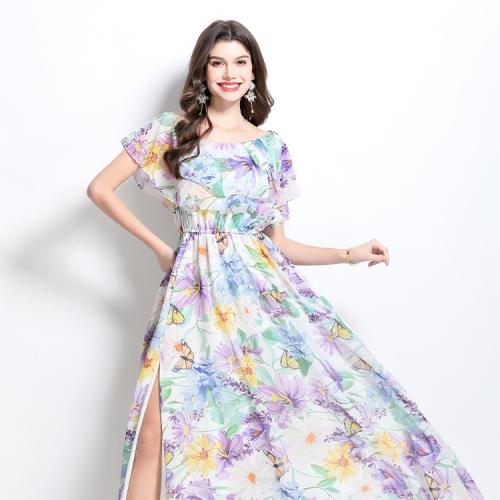 Vacation Style Printed Chiffon dress Women's New Ruffled Waist Large Dress