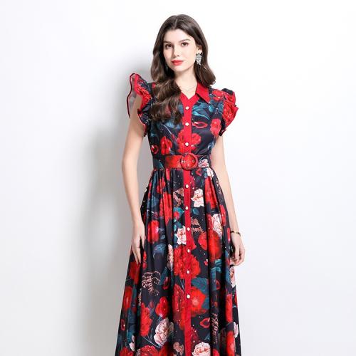 Fashion Printed Lotus Sleeve Lapel Tight Waist dress Women's Slimming Elegant Long Dress