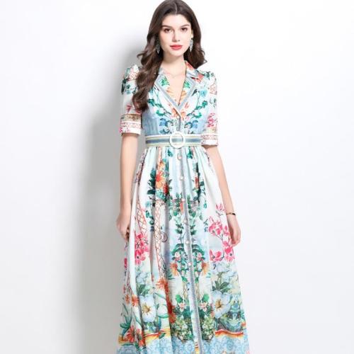 Vintage Palace Style Printed Dress Collar Cuff-turn Waist dress