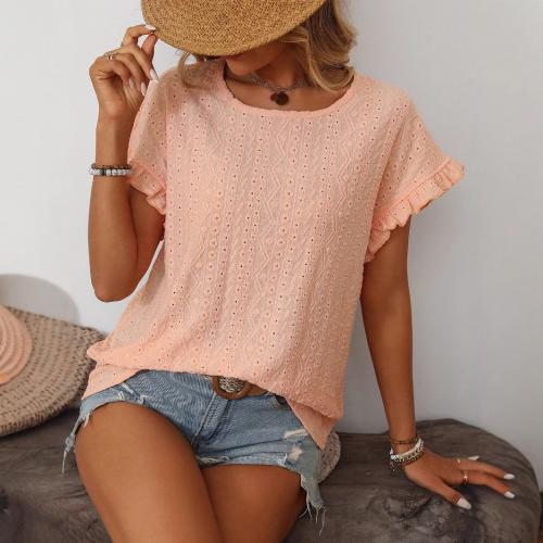 New Solid Color Crewneck Sweet Girl Short-sleeved T-shirt Hollow Top