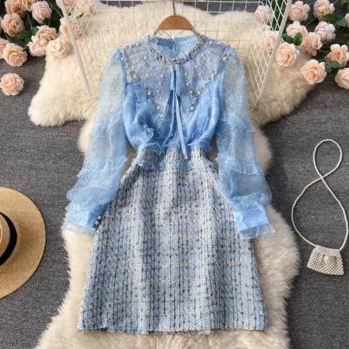 Luxury French Style Retro dress Elegant Beaded Slim One-piece Dress